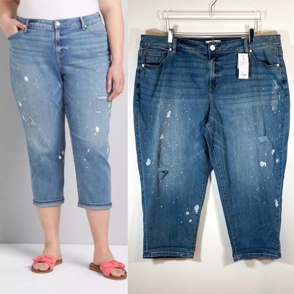 NWT Lane Bryant Signature Fit Boyfriend Capri Jean Light Wash Paint Splatter 20 - Picture 1 of 12